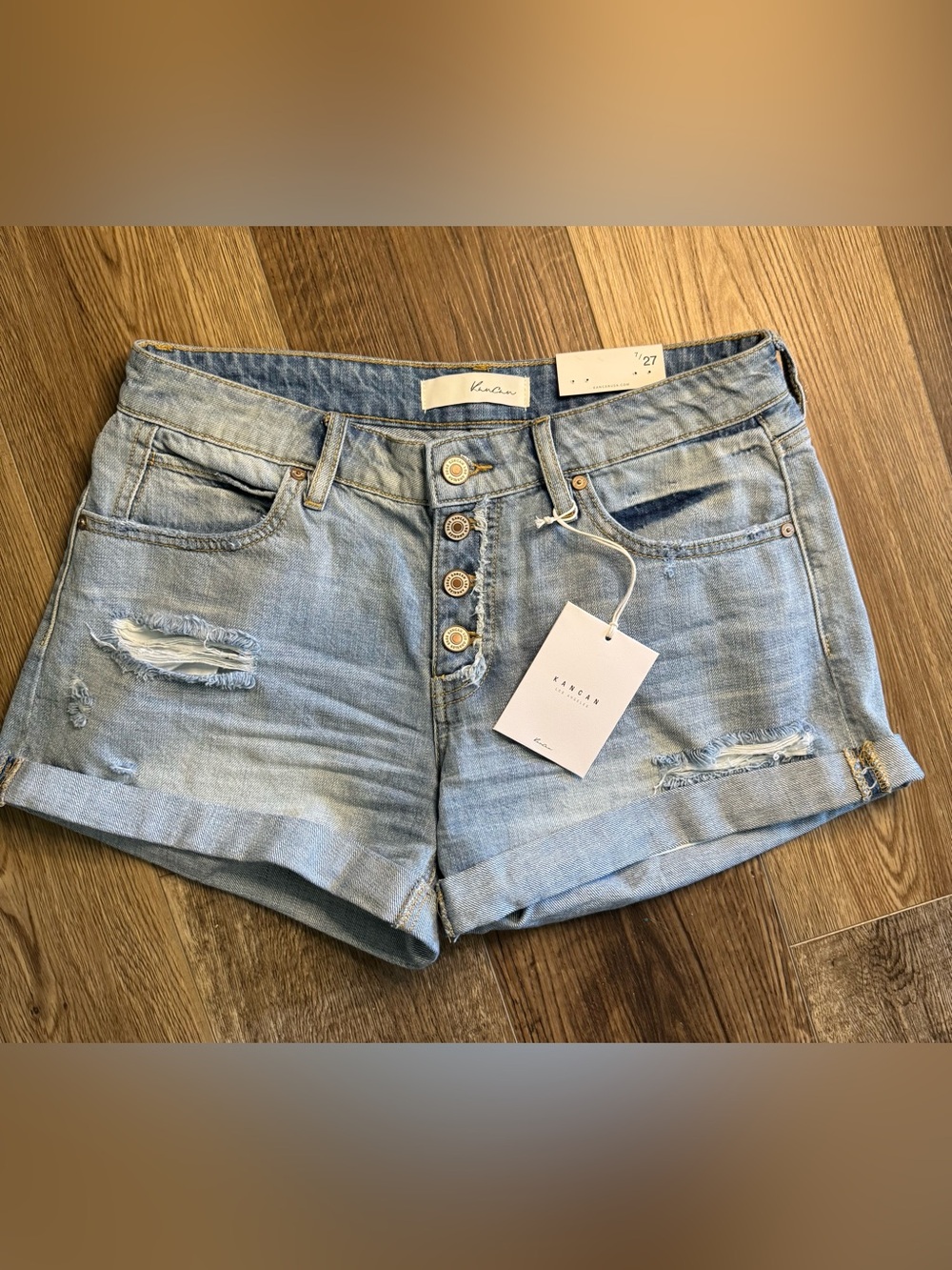 KanCan Light Blue Button-Fly Distressed Denim Shorts